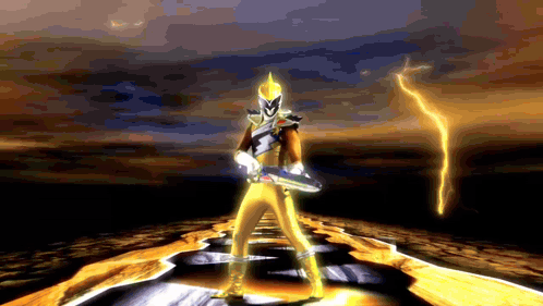 A Man In A Yellow Costume Is Holding A Sword In Front Of A Storm GIF