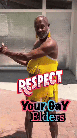A Man In A Yellow Dress With The Words Respect Your Gay Elders On The Bottom GIF