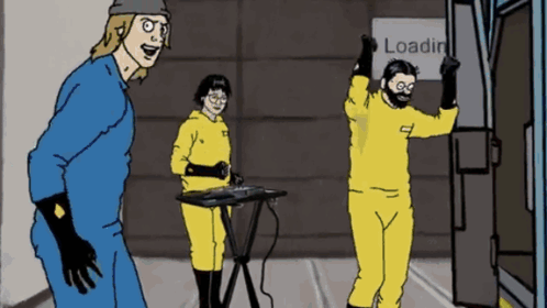 A Man In A Yellow Hazmat Suit Is Standing In Front Of A Sign That Says Loading GIF