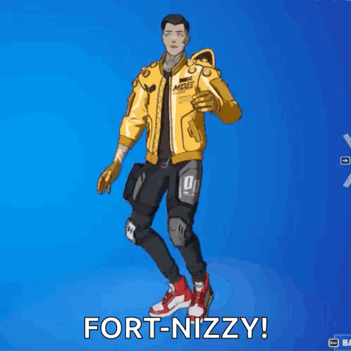 A Man In A Yellow Jacket And Black Pants Is Standing In Front Of A Blue Background And Waving . GIF