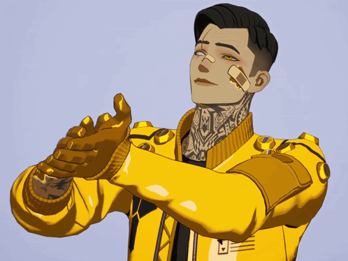 A Man In A Yellow Jacket Has A Bandage On His Forehead GIF