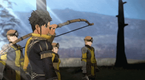 A Man In A Yellow Scarf Is Holding A Bow And Arrow In His Hand GIF