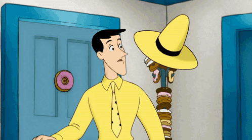 A Man In A Yellow Shirt And Tie Is Standing In Front Of A Yellow Hat GIF