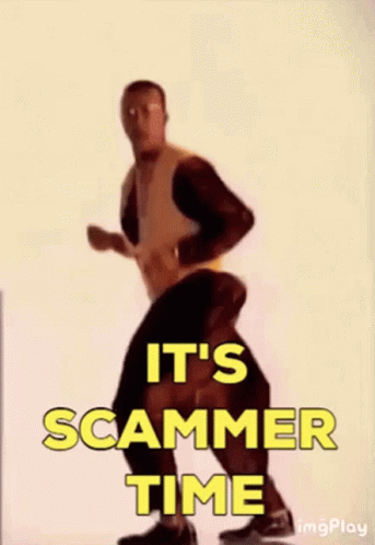 A Man In A Yellow Shirt Is Dancing With The Words It 'S Scammer Time Below Him GIF