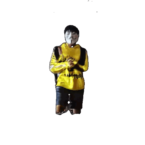 a man in a yellow shirt is jumping in the air with letters sw and h above him