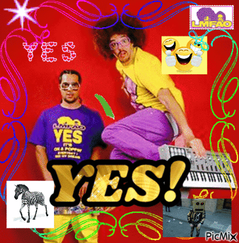 a man in a yellow shirt is kneeling next to a man in a purple shirt that says yes on it