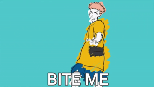 A Man In A Yellow Shirt Is Standing In Front Of A Blue Background With The Words Bite Me . GIF