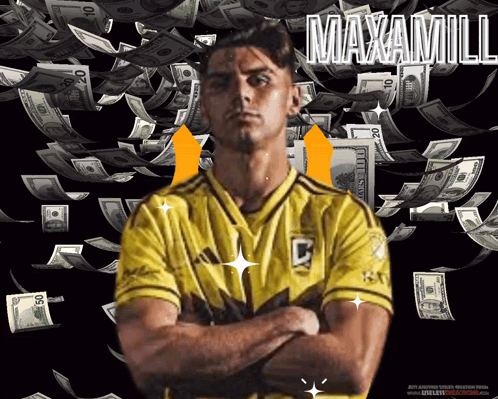 A Man In A Yellow Shirt Is Standing In Front Of A Pile Of Money And The Word Maxamli Is Written Above Him GIF