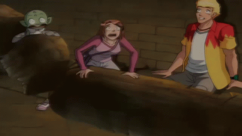 A Man In A Yellow Shirt Is Standing Next To A Woman In A Pink Shirt And A Man In A Green Helmet GIF