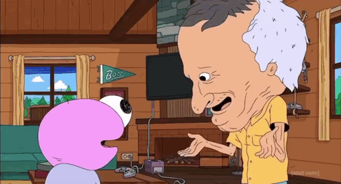 A Man In A Yellow Shirt Is Talking To A Pink Cartoon Character In A Living Room GIF