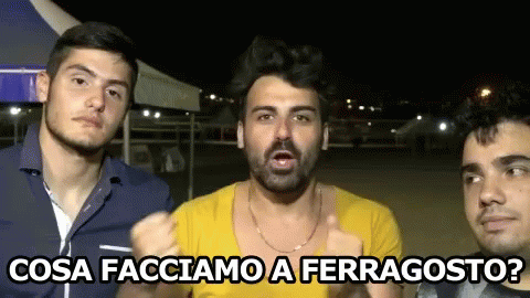 A Man In A Yellow Shirt Says " Cosa Facciamo A Ferragosto " GIF
