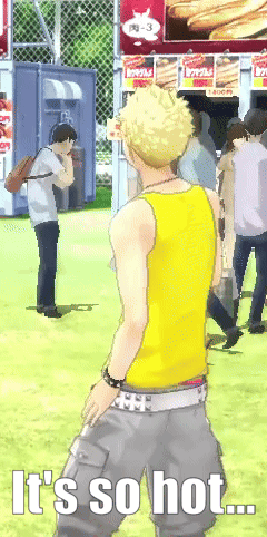 A Man In A Yellow Tank Top Is Standing In Front Of A Sign That Says ' It 'S So Hot ... ' GIF