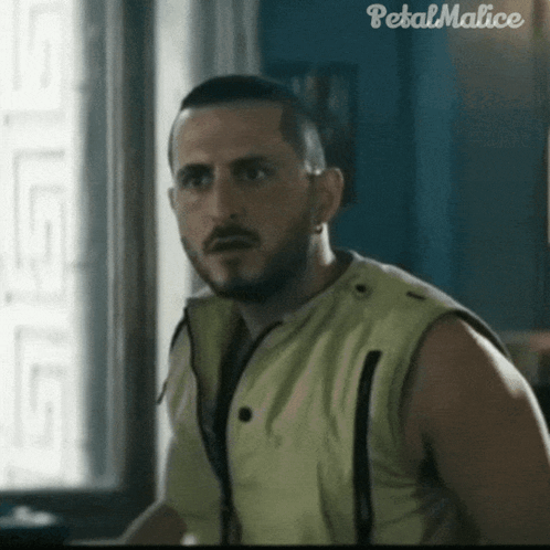 A Man In A Yellow Vest Is Standing In Front Of A Window With Petal Malice Written On The Bottom Right Corner GIF