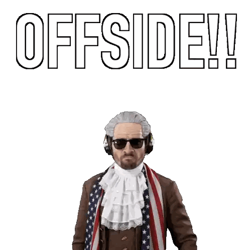 a man in an american flag outfit is holding a flag with the word offside written above him