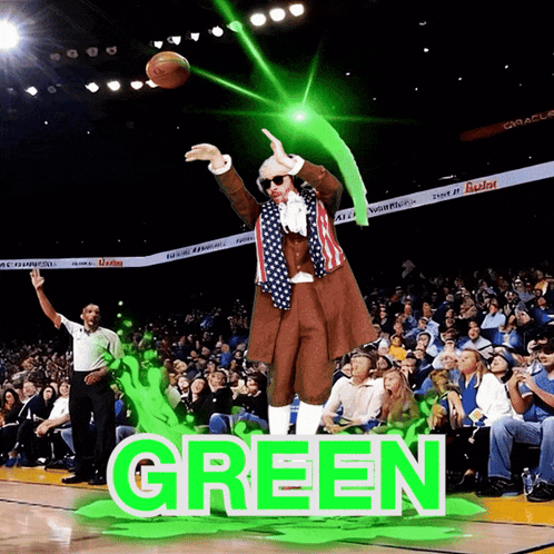 a man in an american flag outfit is throwing a basketball and the word green is visible