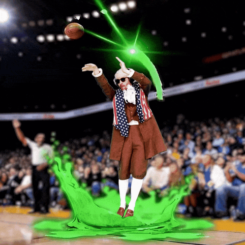 a man in an american flag outfit throws a basketball in the air