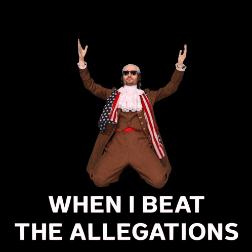 A Man In An American Flag Suit Is Jumping In The Air With The Words " When I Beat The Allegations " Behind Him GIF