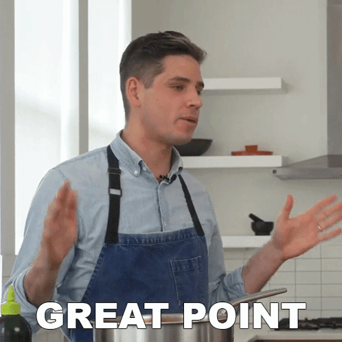 a man in an apron is standing in front of a pot that says " great point "