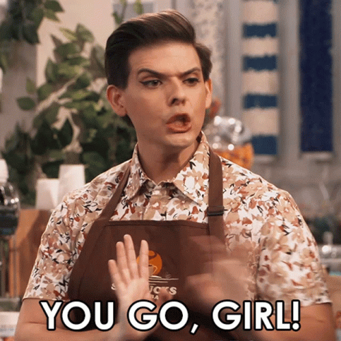 a man in an apron says " you go girl " to a child