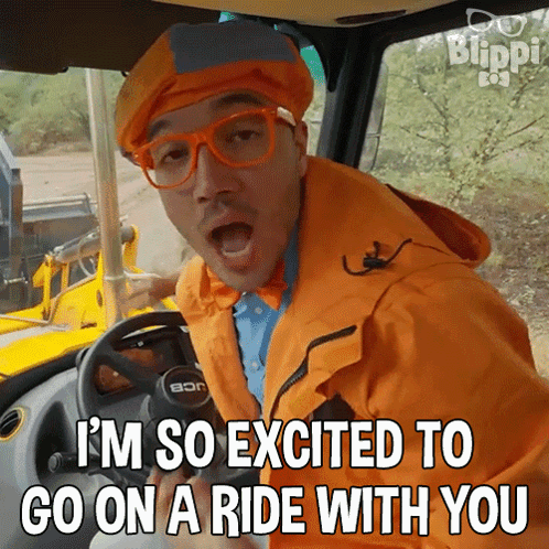 A Man In An Orange Jacket Is Driving A Bulldozer And Says I 'M So Excited To Go On A Ride With You GIF