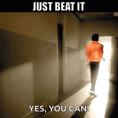 A Man In An Orange Jacket Is Walking Down A Hallway With The Words Just Beat It Yes You Can GIF