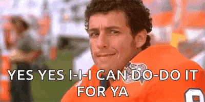 A Man In An Orange Jersey Is Smiling And Says `` Yes Yes I - I Can Do - Do It For Ya '' . GIF
