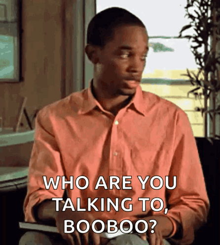 A Man In An Orange Shirt Is Sitting In Front Of A Window And Says Who Are You Talking To Booboo ? GIF