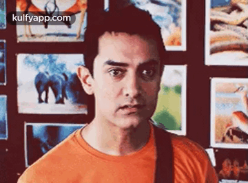 A Man In An Orange Shirt Is Standing In Front Of A Wall Filled With Pictures Of Animals . GIF
