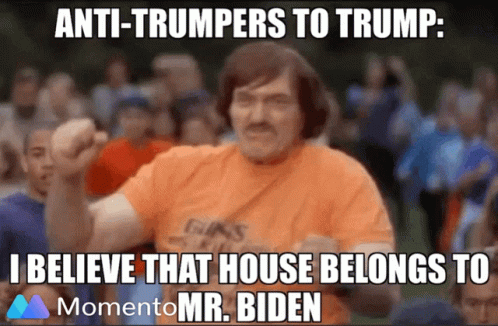 Man In Orange Shirt In Front Of Crowd Captioned Anti-Trumpers To Trump GIF