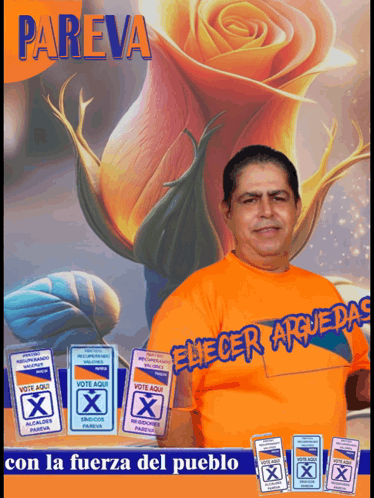 A Man In An Orange Shirt Stands In Front Of A Flower And A Sign That Says Pareva GIF