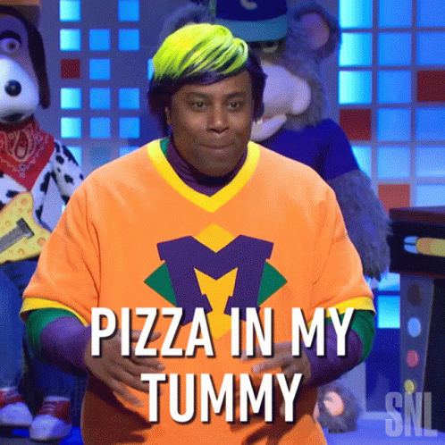 A Man In An Orange Shirt With The Words Pizza In My Tummy Written On It GIF