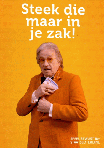 a man in an orange suit is holding a piece of paper that says ' steek die maar in je zak ' on it
