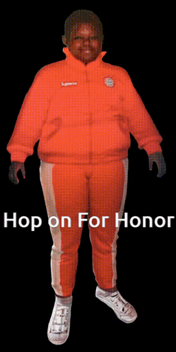 A Man In An Orange Supreme Jacket And Pants Is Standing In Front Of A Black Background GIF