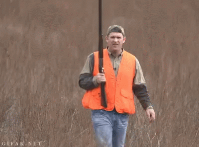 A Man In An Orange Vest Is Holding A Shotgun In A Field GIF