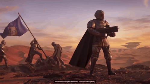 A Man In Armor Holding A Gun And A Flag With The Words " And Spread Managed Democracy Throughout The Galaxy " Below Him GIF