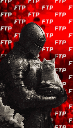 A Man In Armor Is Holding A Cat In Front Of A Red Background With Ftp Written On It GIF