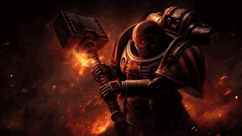 Armored Man Holding Fire Surrounding Hammer GIF