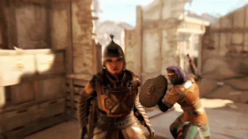 A Man In Armor Is Holding A Shield And Fighting Another Man In Armor In A Video Game . GIF