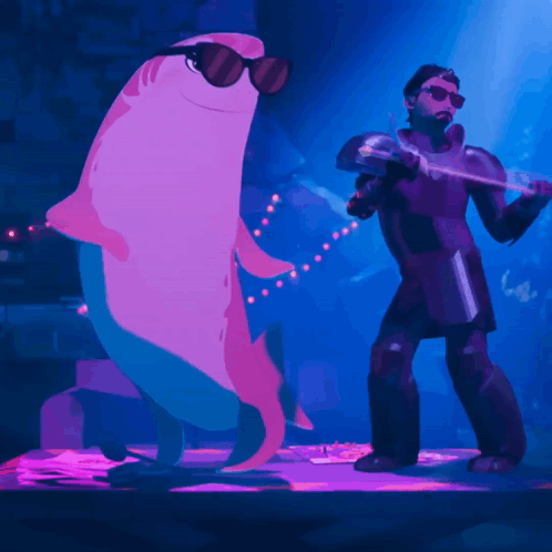 A Man In Armor Is Holding A Sword Next To A Pink Dolphin GIF