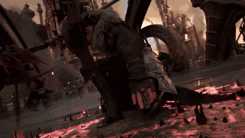 A Man In Armor Is Kneeling Down In A Video Game GIF
