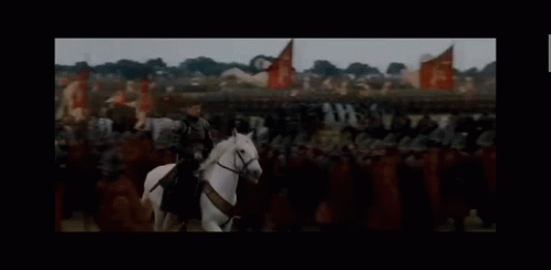 A Man In Armor Is Riding A White Horse In Front Of A Crowd Of People . GIF