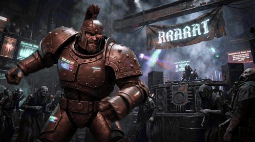 a man in armor is standing in front of a banner that says ararata