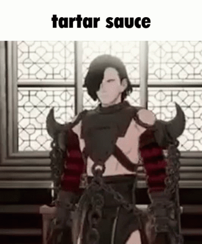 A Man In Armor Is Standing In Front Of A Window With The Words Tartar Sauce Written On It . GIF