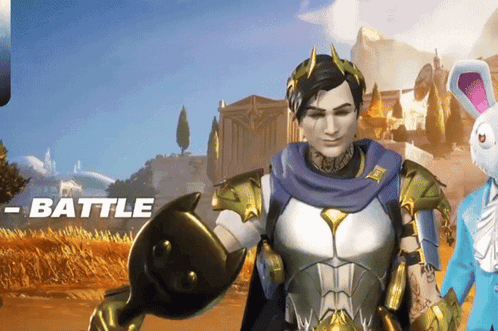 A Man In Armor Is Standing Next To A Bunny And The Word Battle Is On The Bottom Left GIF