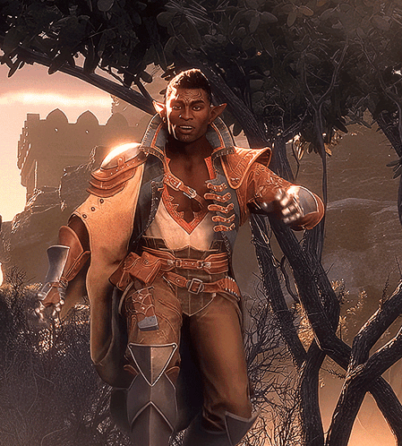 A Man In Armor Is Standing Next To A Tree In A Forest GIF