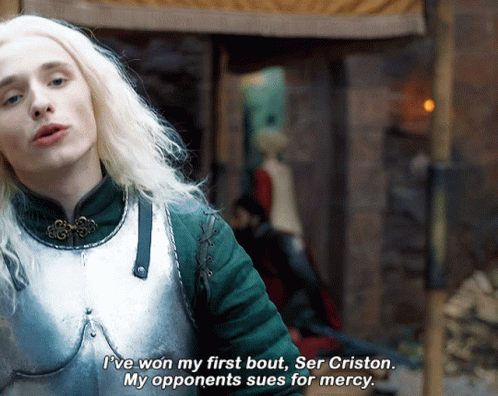 A Man In Armor Says " I 'Ve Won My First Bout " GIF
