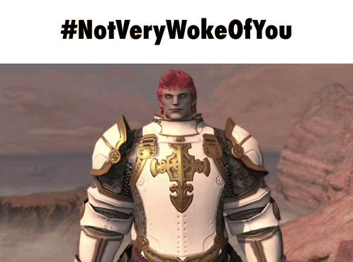 A Man In Armor Stands In Front Of A #Notverywokeofyou Sign GIF