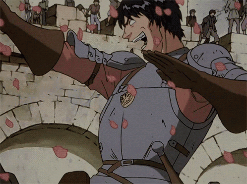 A Man In Armor With A Shield On His Chest Is Surrounded By Flowers GIF