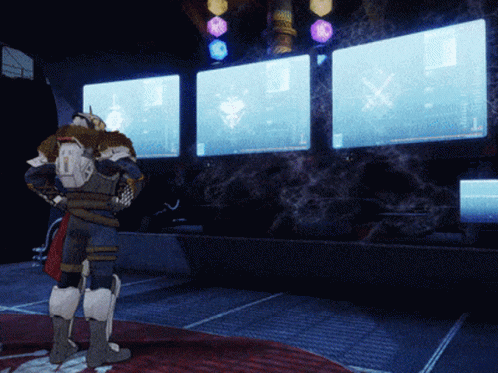 A Man In Armor With The Number 10 On His Back Stands In Front Of Three Monitors GIF