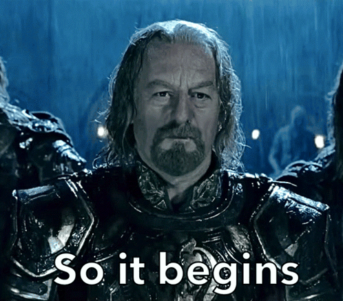A Man In Armor With The Words So It Begins Written Below Him GIF